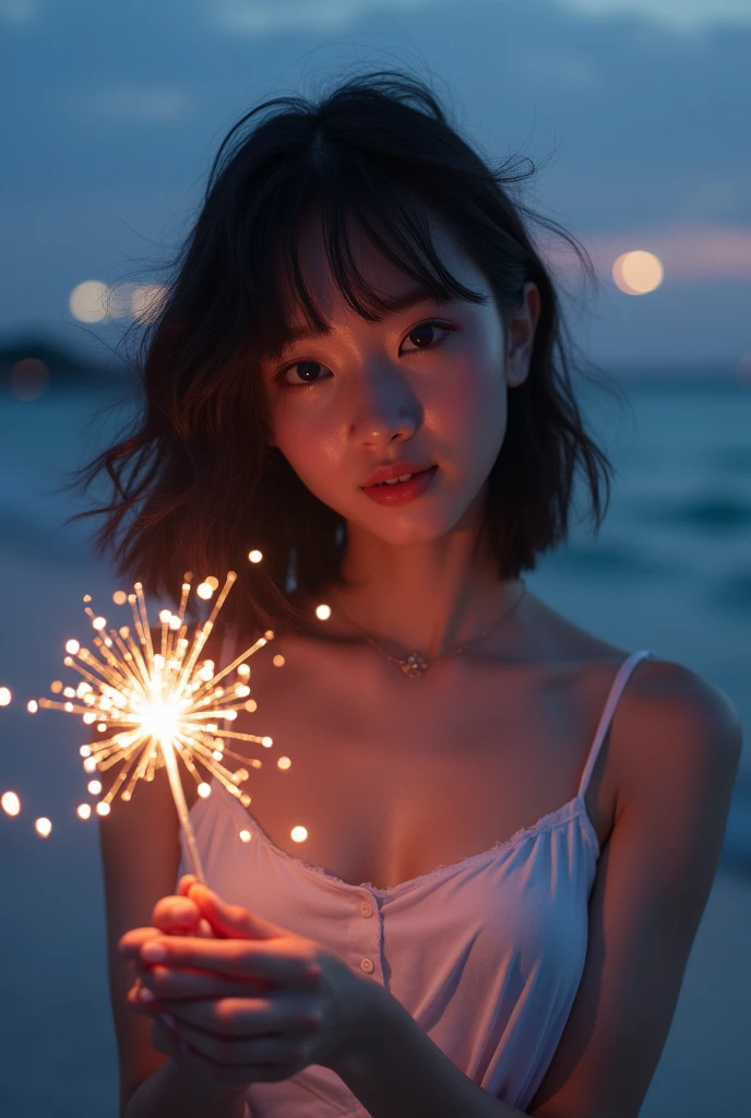 Japanese，Age 18，young girl，Randomly generated people with diverse facial features and hairstyles，Perfect Anatomy,Ocean，Beach，firework，Night Sky，Launch firework， Ocean，sweet girl，Photoshoot，magazine photography