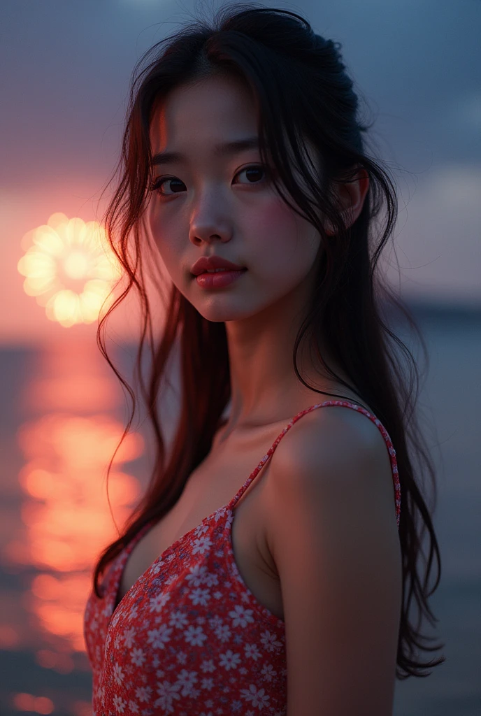 Japanese,Age 18,young girl,Randomly generated people with diverse facial features and hairstyles,Perfect Anatomy,Ocean,Beach,firework,Night Sky,Launch firework, Ocean,sweet girl,Photoshoot,magazine photography