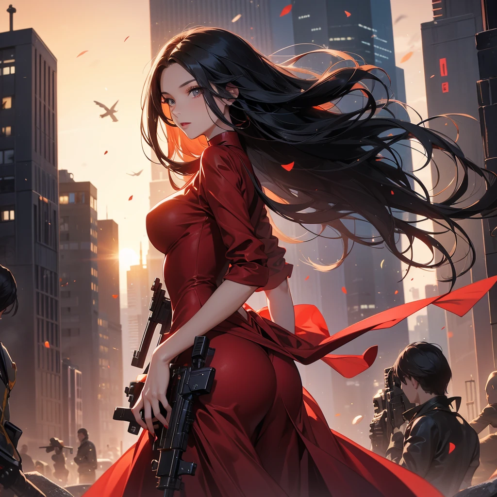 a beautiful woman with long black hair, wearing a tight red dress, standing holding a pistol, aiming the barrel at the bad guys, on a tall building, the sun is setting.
