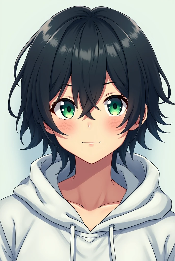 boy with shoulder length black hair and green eyes wearing a white hoodie anime