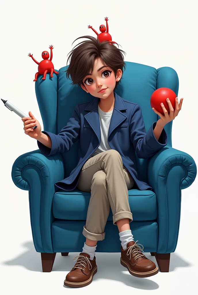 18 age Cut to blue chair sitting on right leg left leg blue coat white pen
The right hand holds a red ball
Looking at the camera, straight ahead
After full pants
Red guys will be on one finger of the left hand