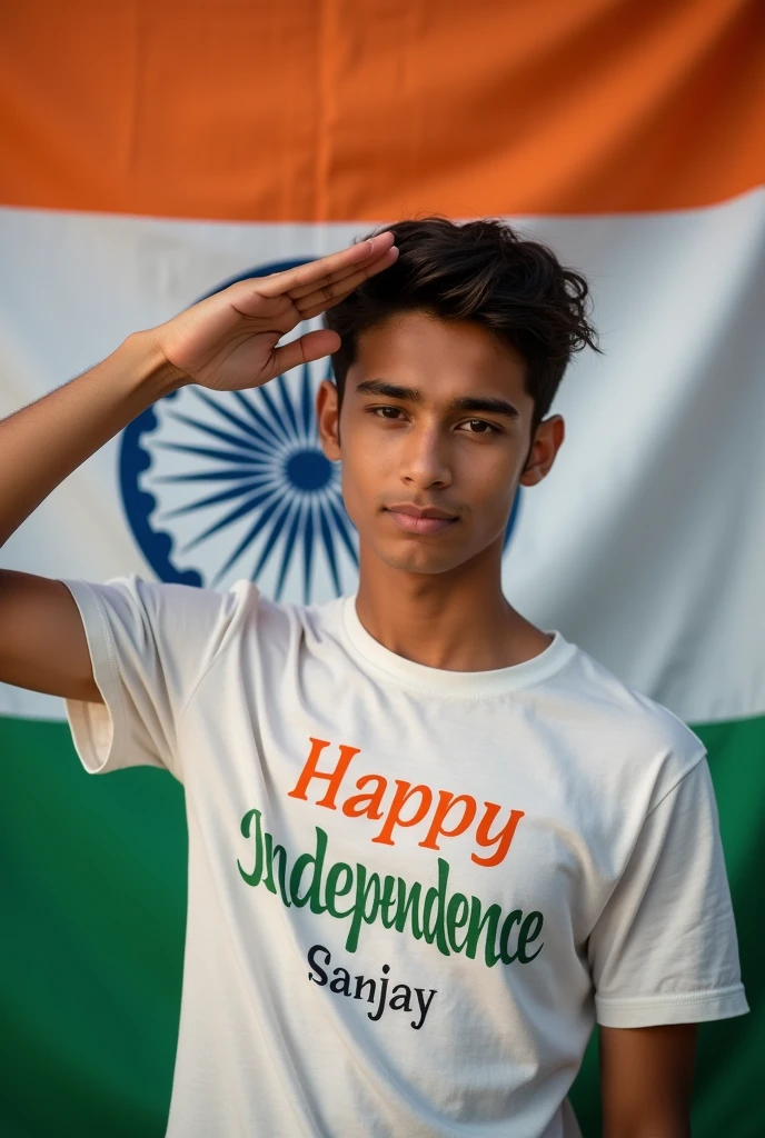 Prepare a photo in which a 17 year old beautiful boy is saluting the tricolor and the name Sanjay is written on the T- shirt and Happy Independence is written on the background.