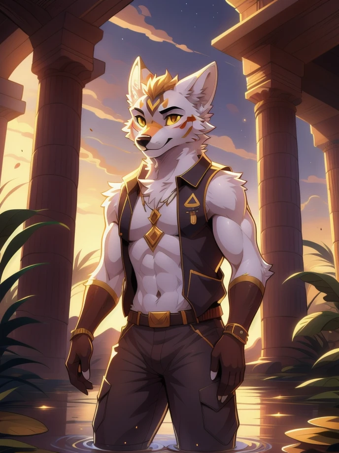 Cartoon character,high quality illustration,furry masculino kemono,body color white, details on the red face,yellow eye color, white wolf ears,red color at the tips of the ears, black cowboy hat,brown sleeveless jacket with gold details,wearing no shirt,gray hand hair color, exploration pants,illuminated place,giorno,Oasis.