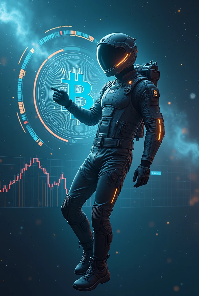 Spaceman,float,Cyberpunk style,Spaceman看K線,Bitcoin,Background of the vast universe,背景有Bitcoin,Data K line,BTC