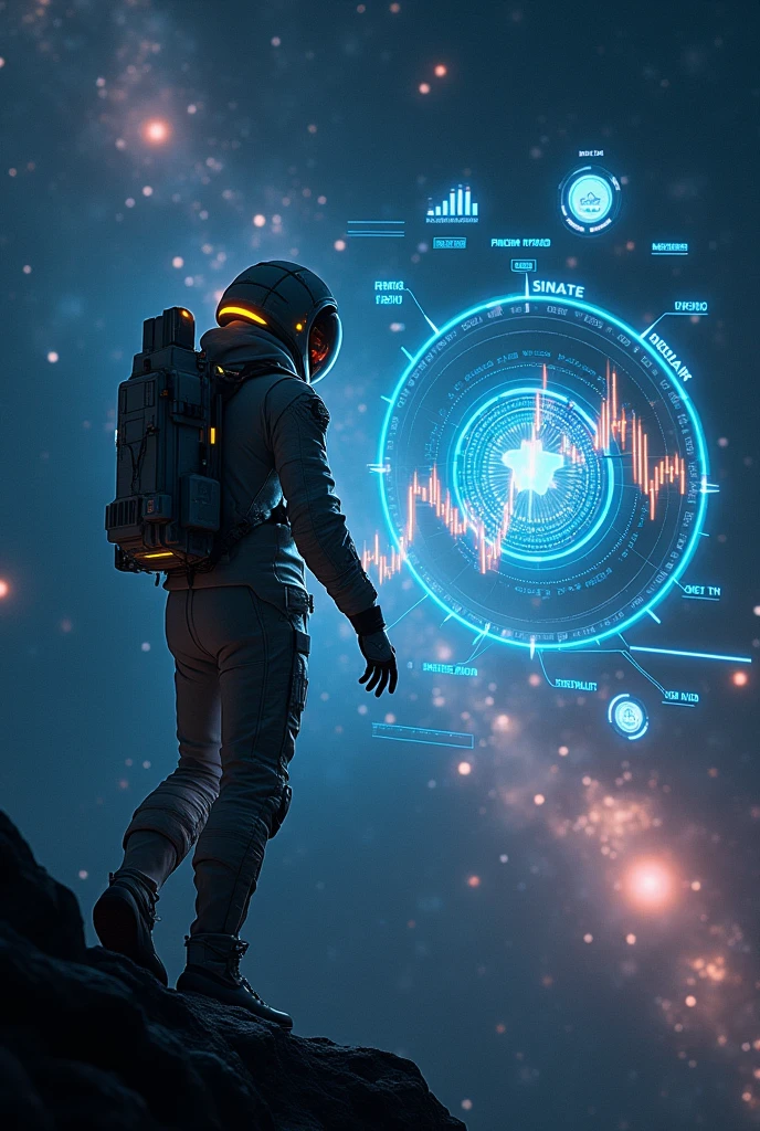 Spaceman,float,Cyberpunk style,Spaceman看K線,Bitcoin,Background of the vast universe,背景有Bitcoin,Data K line,BTC