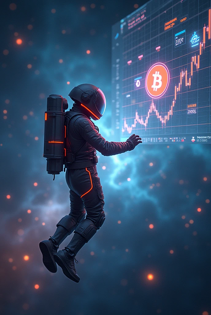 Spaceman,float,Cyberpunk style,Spaceman看K線,Bitcoin,Background of the vast universe,背景有Bitcoin,Data K line,BTC
