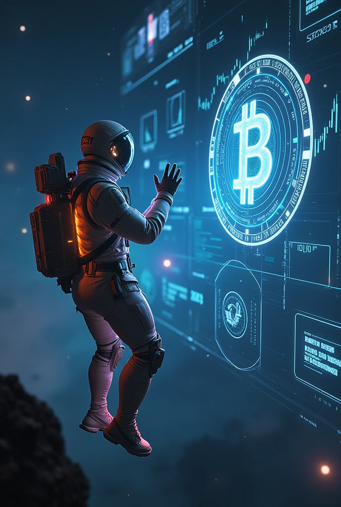 Spaceman,float,Cyberpunk style,Spaceman看K線,Bitcoin,Background of the vast universe,背景有Bitcoin,Data K line,BTC