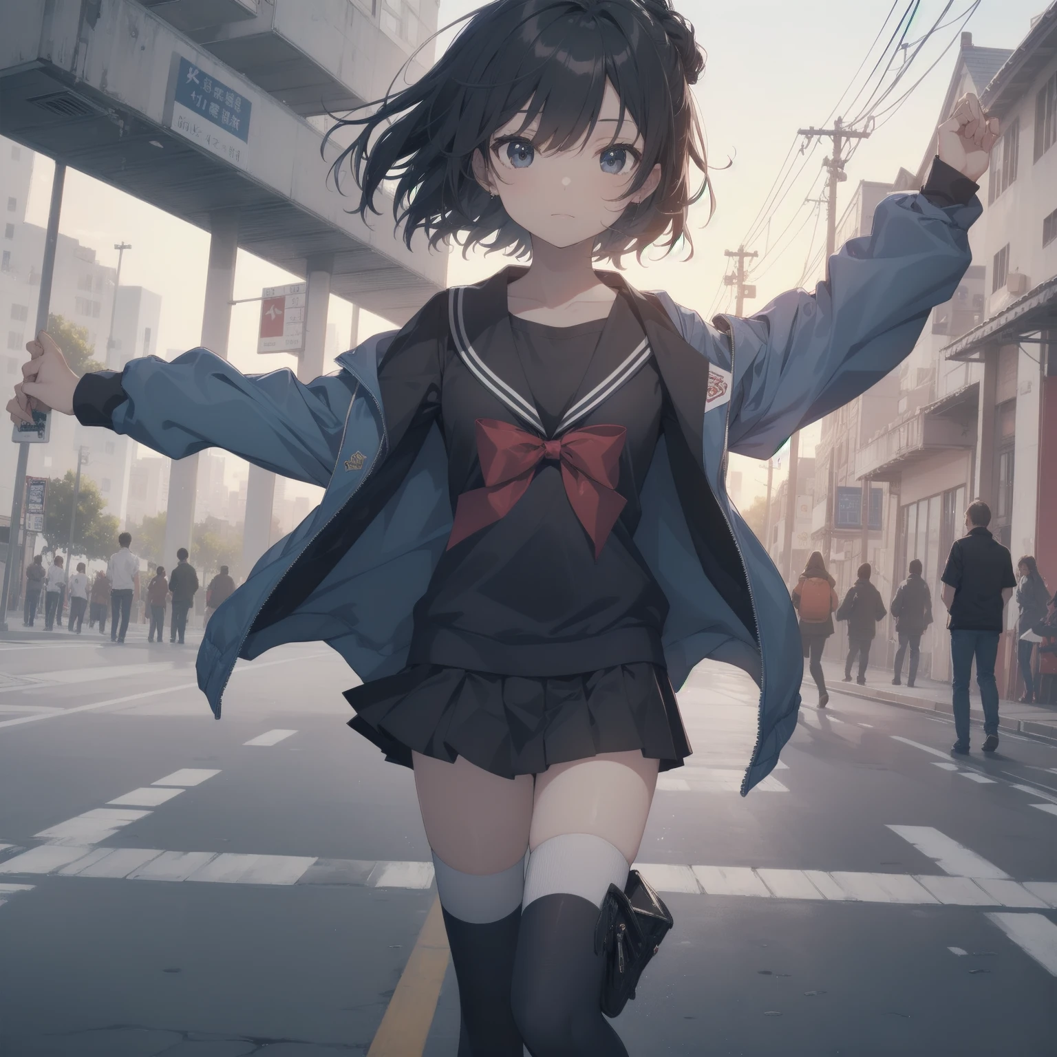 ultra-absurdres-Top quality by artist God, ultra-detailed, high resolution, anime moe artstyle, best anime 8k konachan wallpaper, pixiv contest winner, pool:2810, perfect anatomy,break, 1girl, (Please draw a girl walking sleepily to school alone. )break,(Solo,little female, 13-year-old:1.3),Full limbs, complete fingers,a junior high school student, (very short hair), short cut, flat chest, , small butt, small black eyes, beautiful detailed eyes, well-proportioned iris and pupils, expressive eyes, highres detailed hair, soft expression, salor school_uniform, sailor collar, serahuku, bow, pleated skirt,(Detailed Lighting), (Detailed background), in the School commute route. break,super detailed skin, Best cinematic lighting powered by famous artist, 8k,beauty illustration,photoshop_(medium),very aesthetic,break,((artist:yuureidoushi_(yuurei6214) )), artist:clamp ,artist:carnelian ,artist:kantoku ,