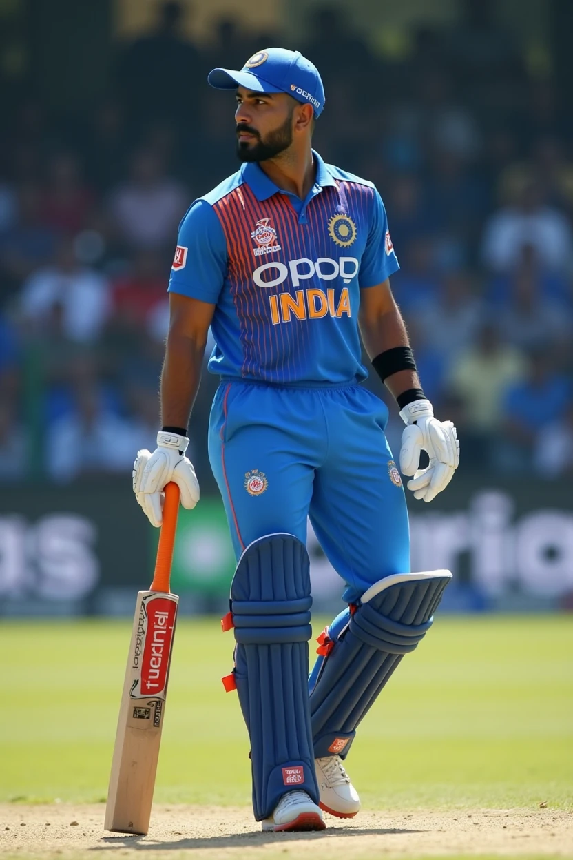 Create a Cricket Player who is wearing Indian Cricket Jersey , name in the jersey is Rudranil and the number in the jersey is 9 . Make him a bit muscular  also wearing cap . I mean he is fielding .