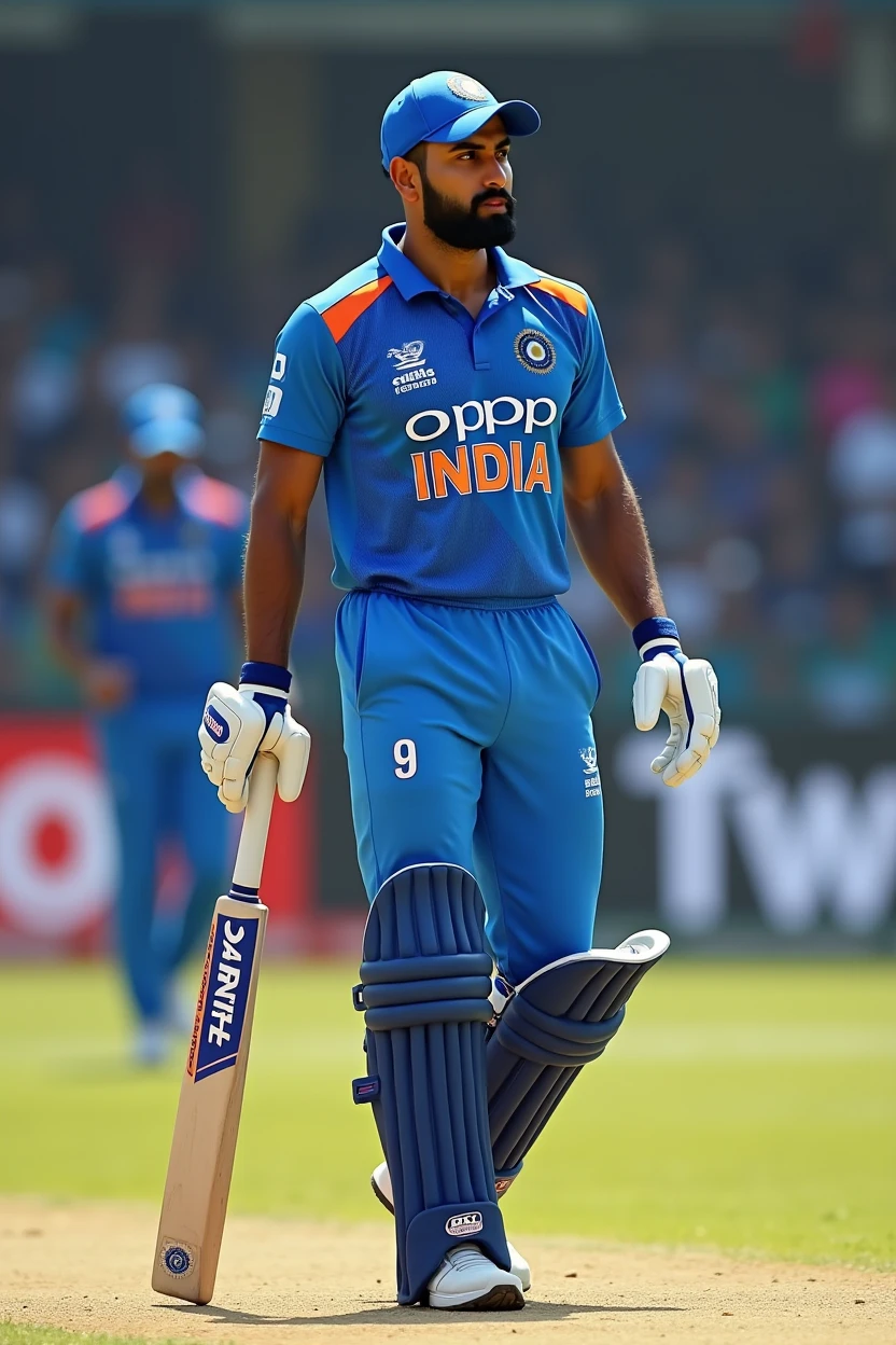 Create a Cricket Player who is wearing Indian Cricket Jersey , name in the jersey is Rudranil and the number in the jersey is 9 . Make him a bit muscular also wearing cap . I mean he is fielding .