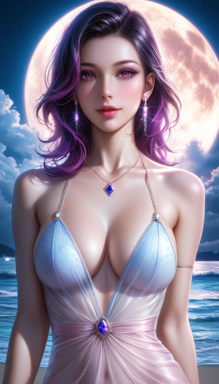 score_9, score_8_superior, score_7_superior, A masterpiece in 32K resolution,Highest quality,it is really amazing,Very detailed,Ultra-high resolution,Ultra-realistic,Realistic,Increased depth of field,Cinematic lighting,
Sexy Mature Woman,
black straight medium hair,Ultra-detailed and beautiful face,Gentle expression,Translucent white skin,Realistic skin texture,
Elegant swimwear,
Bold design,Artistic design,Beautiful and detailed pattern,Detailed fabric texture,
Gorgeous necklace,Earrings,
Coastline at night,Giant Moon,Dark clouds floating in the dark night sky,
Cinematic Angle,