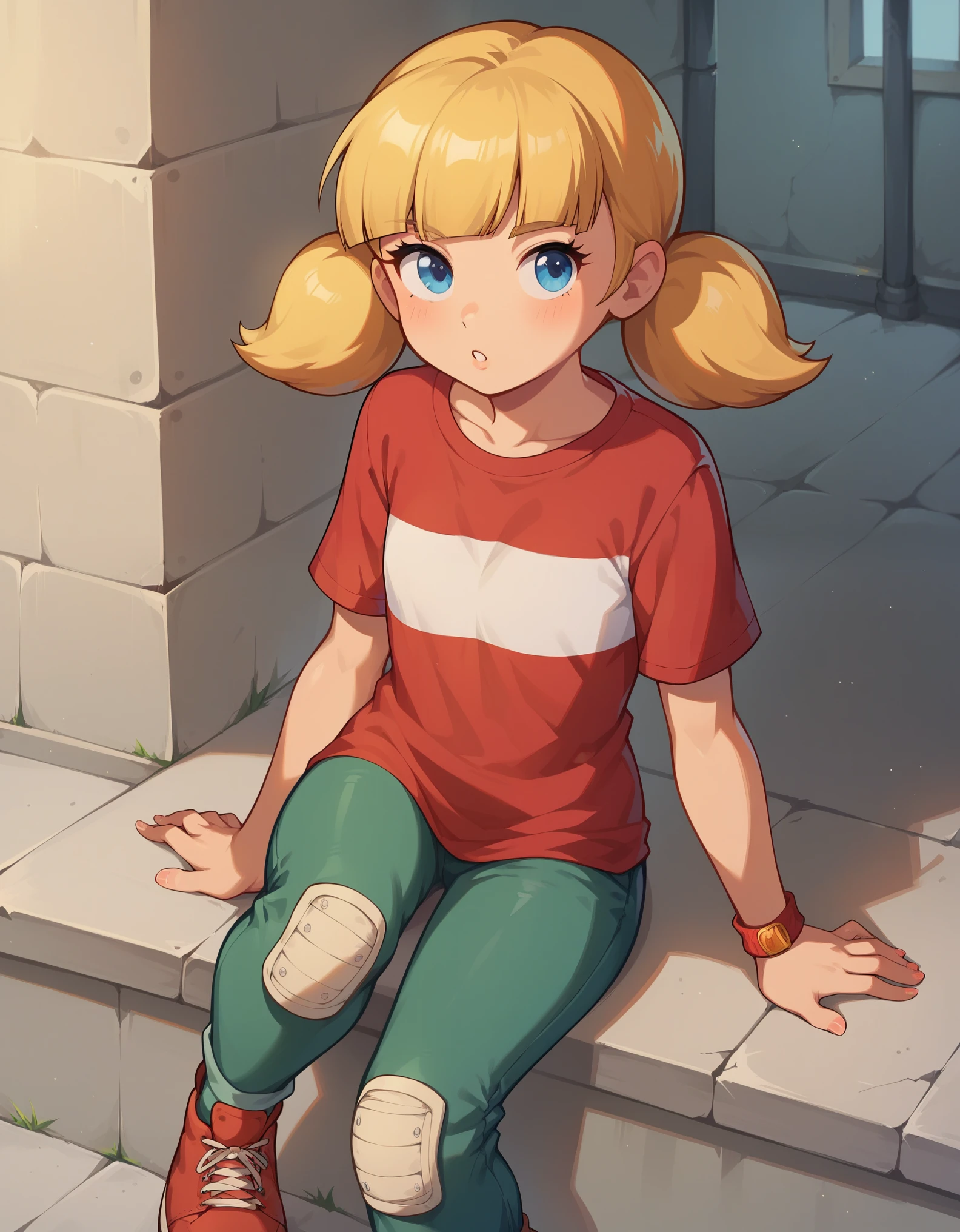 score_9, score_8_up, score_7_up, penny_ig, blonde hair, twintails, blue eyes, red shirt, stripe, knee patch, dim lighting factory