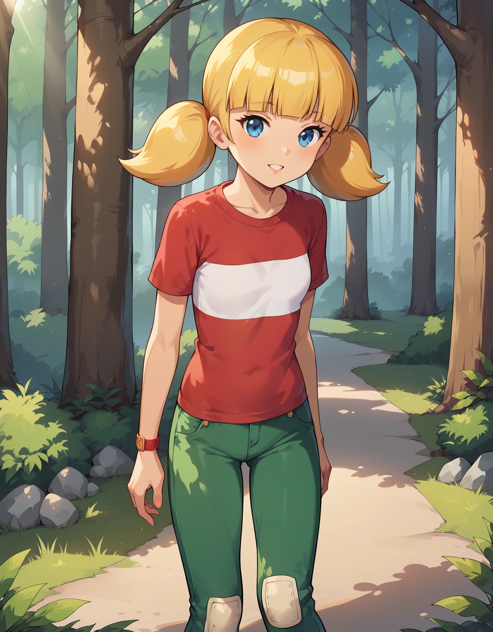 score_9, score_8_up, score_7_up, BREAK, penny_ig, blonde hair, twintails, blue eyes, red shirt, stripe, knee patch,, outdoors, forest, sunlight, shadows, natural lighting