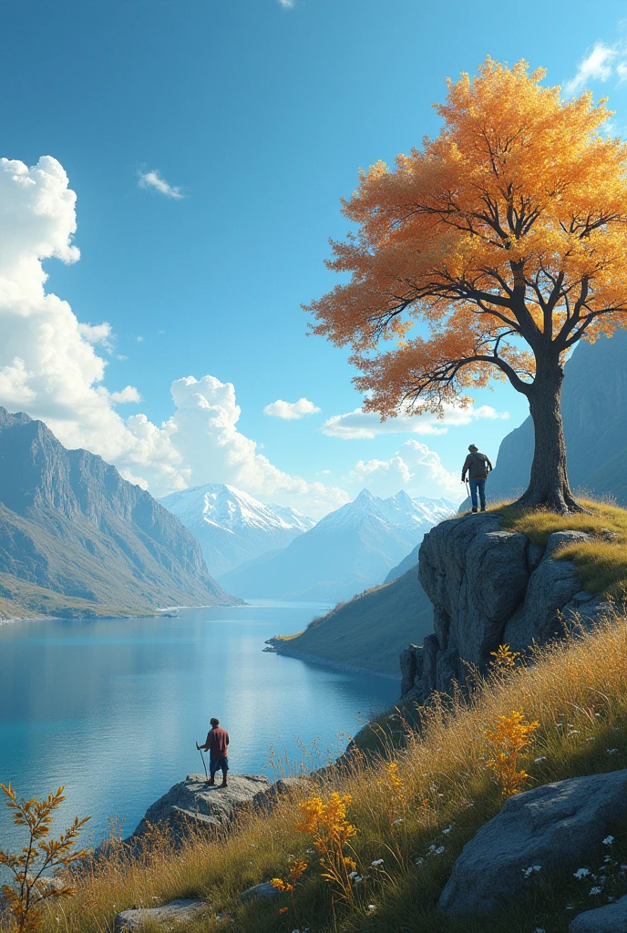masterpiece,Best quality,high quality,Extremely detailed CG unity 8k wallpaper,landscape,Exterior,Autumnal,sky sky,cloud,Daisy,Monte,landscape,water,The tree,Blue sky,Nature,lake,Rios,Two old men climbing up,Award-winning photography,blur background,Depth of Field,HDR,Bloom,Chromatic Aberration,Reality,Very detailed,Trending on ArtStation,Trending on CGsociety,complex,High Detail,drama,Art on the go