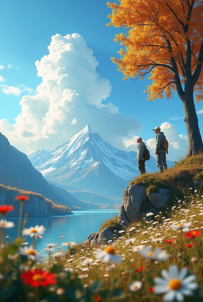 masterpiece，Best quality，high quality，Extremely detailed CG unity 8k wallpaper，landscape，Exterior，Autumnal，sky sky，cloud，Daisy，Monte，landscape，water，The tree，Blue sky，Nature，lake，Rios，Two old men climbing up，Award-winning photography，blur background，Depth of Field，HDR，Bloom，Chromatic Aberration，Reality，Very detailed，Trending on ArtStation，Trending on CGsociety，complex，High Detail，drama，Art on the go