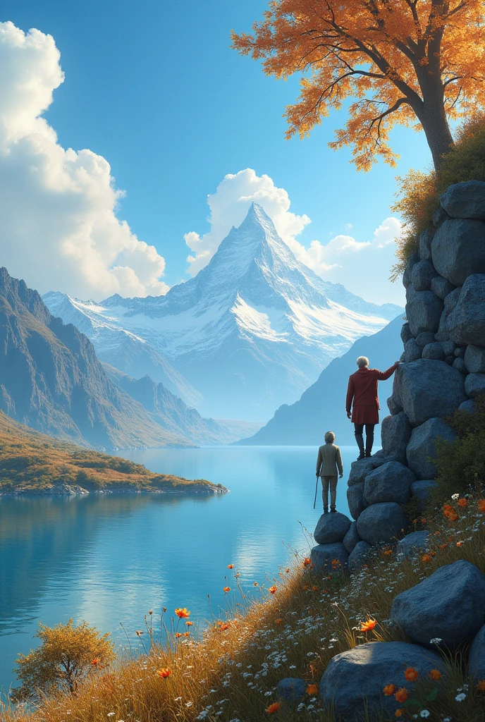 masterpiece,Best quality,high quality,Extremely detailed CG unity 8k wallpaper,landscape,Exterior,Autumnal,sky sky,cloud,Daisy,Monte,landscape,water,The tree,Blue sky,Nature,lake,Rios,Two old men climbing up,Award-winning photography,blur background,Depth of Field,HDR,Bloom,Chromatic Aberration,Reality,Very detailed,Trending on ArtStation,Trending on CGsociety,complex,High Detail,drama,Art on the go