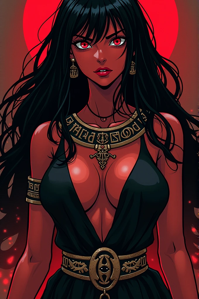 mature woman,red skin, black hair, red eyes,sharp teeth,Black Egyptian clothes, 90s anime style