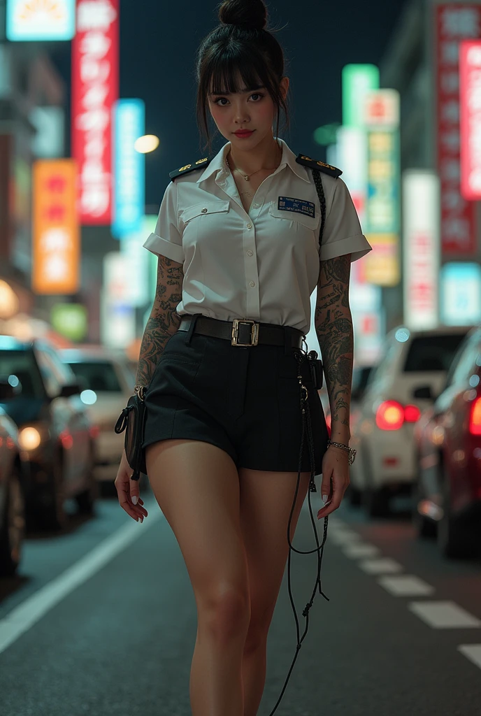 Japanese woman,Beautiful,40 years old,thick bodied,white skin yakuza tattoos,big chested,big ass,thick thighs,expression of lust,black hair color in bun,brown eye color,policewoman in mini skirt,full body photo distance,dynamic point of view,wide open leg pose,road place,crowded vehicles,dim light,photo realism style