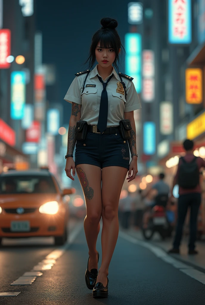 Japanese woman,Beautiful,40 years old,thick bodied,white skin yakuza tattoos,big chested,big ass,thick thighs,expression of lust,black hair color in bun,brown eye color,policewoman in mini skirt,full body photo distance,dynamic point of view,wide open leg pose,road place,crowded vehicles,dim light,photo realism style