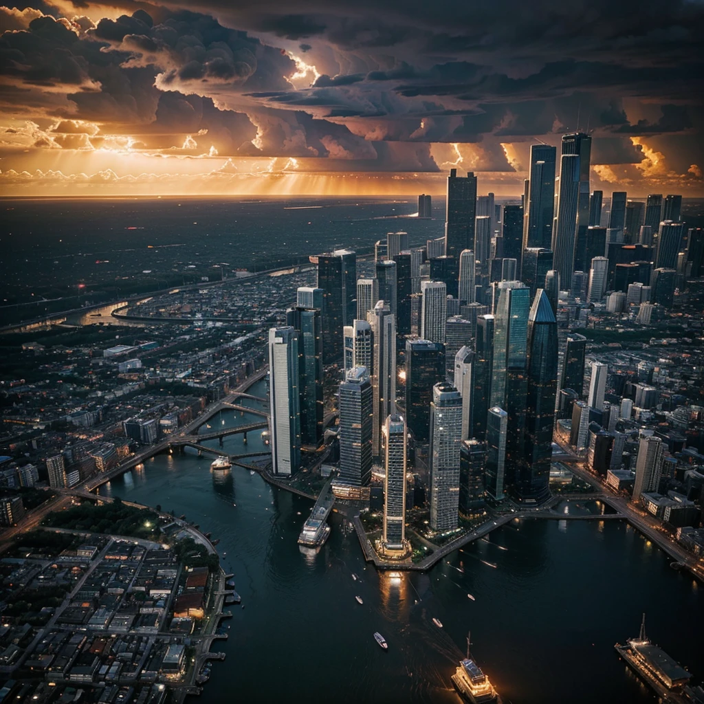 Sci-fi city, surrounded by storm clouds at sunset  (retrospective tide:1) 