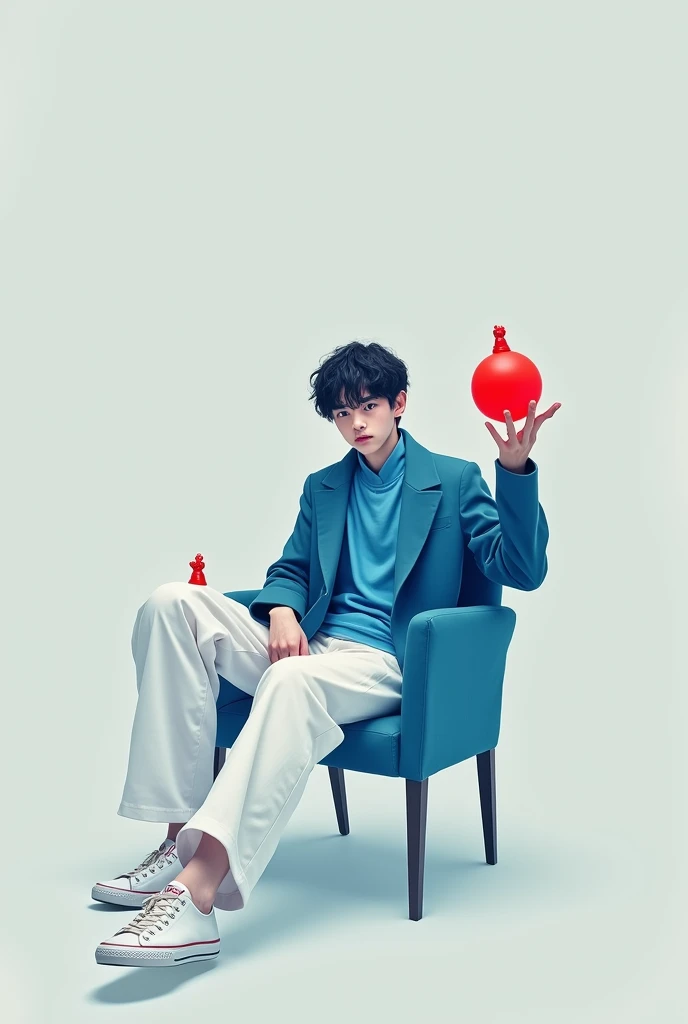 18 age Cut to blue chair sitting on right leg left leg blue coat white pen
The right hand holds a red ball
Looking at the camera, straight ahead
After full pants
Red guys will be on one finger of the left hand