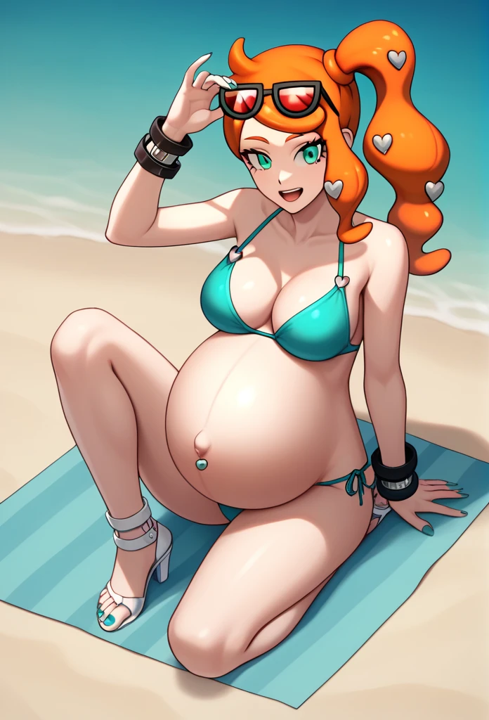 score_9, score_7_up BREAK solo,EPpkSonia,orange hair, side ponytail, aqua eyes, long hair, eyewear on head, sunglasses, heart hair ornament, aqua bikini, pregnant , big belly, Belly button piercing, cleavage, bracelet, collarbone, blue panties, nail polish, aqua nails, aqua toenails, beach, happy, white heels, aqua toenails, belly rub