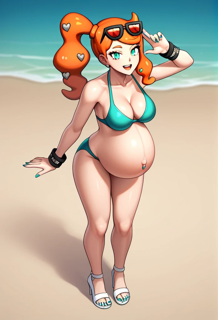 score_9, score_7_up BREAK solo,EPpkSonia,orange hair, side ponytail, aqua eyes, long hair, eyewear on head, sunglasses, heart hair ornament, aqua bikini, pregnant , big belly, Belly button piercing, cleavage, bracelet, collarbone, blue panties, nail polish, aqua nails, aqua toenails, beach, happy, white heels, aqua toenails, belly rub