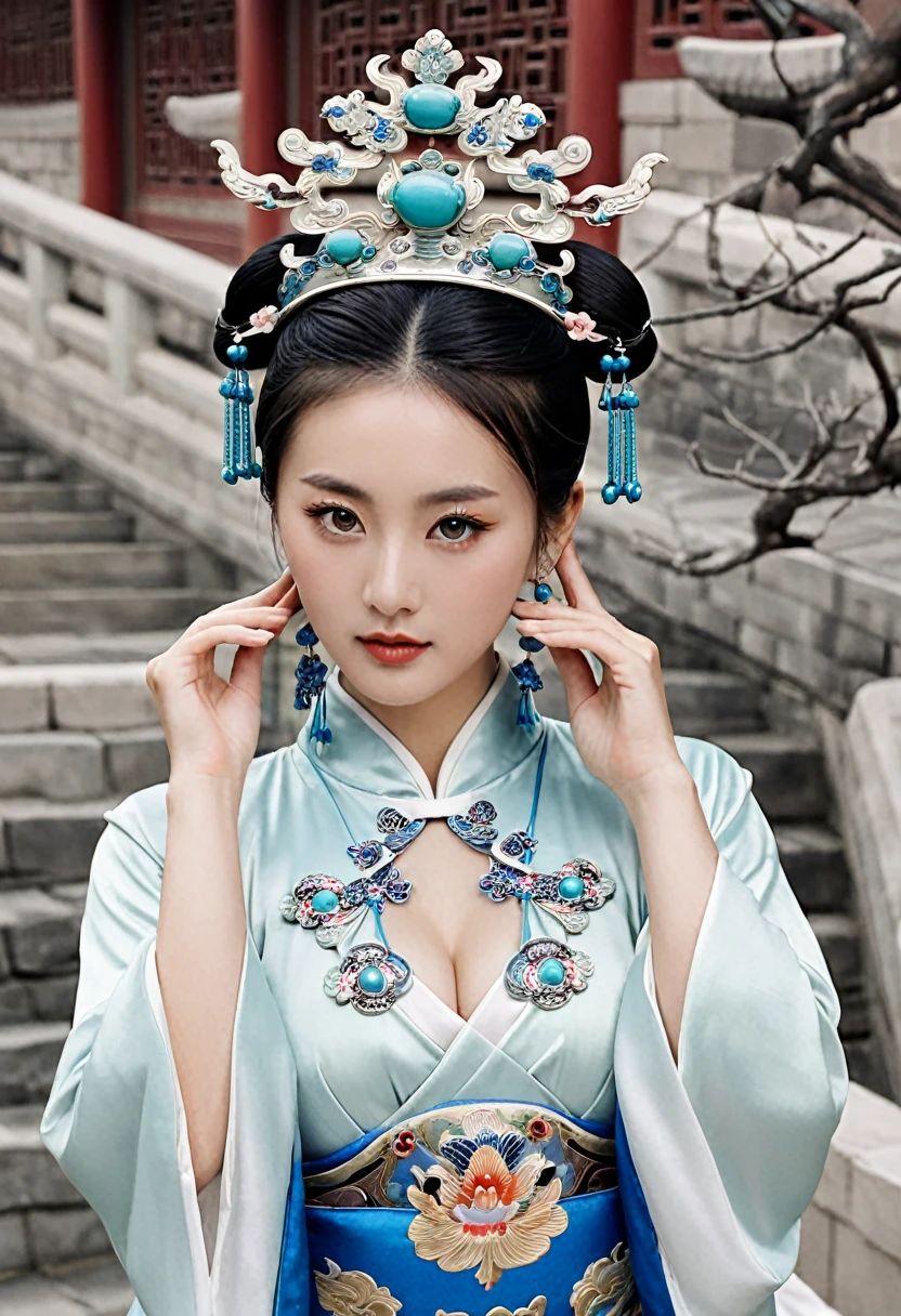 Stone letter M (pornographic pose) outside a Chinese palace during the Qing Dynasty A gorgeous Chinese courtesan with her hair tied on both sides A perverted and erotic woman wearing a crown and tying her hair is the backdrop for a gorgeous room of an empress in a Chinese court during the Qing Dynasty.
