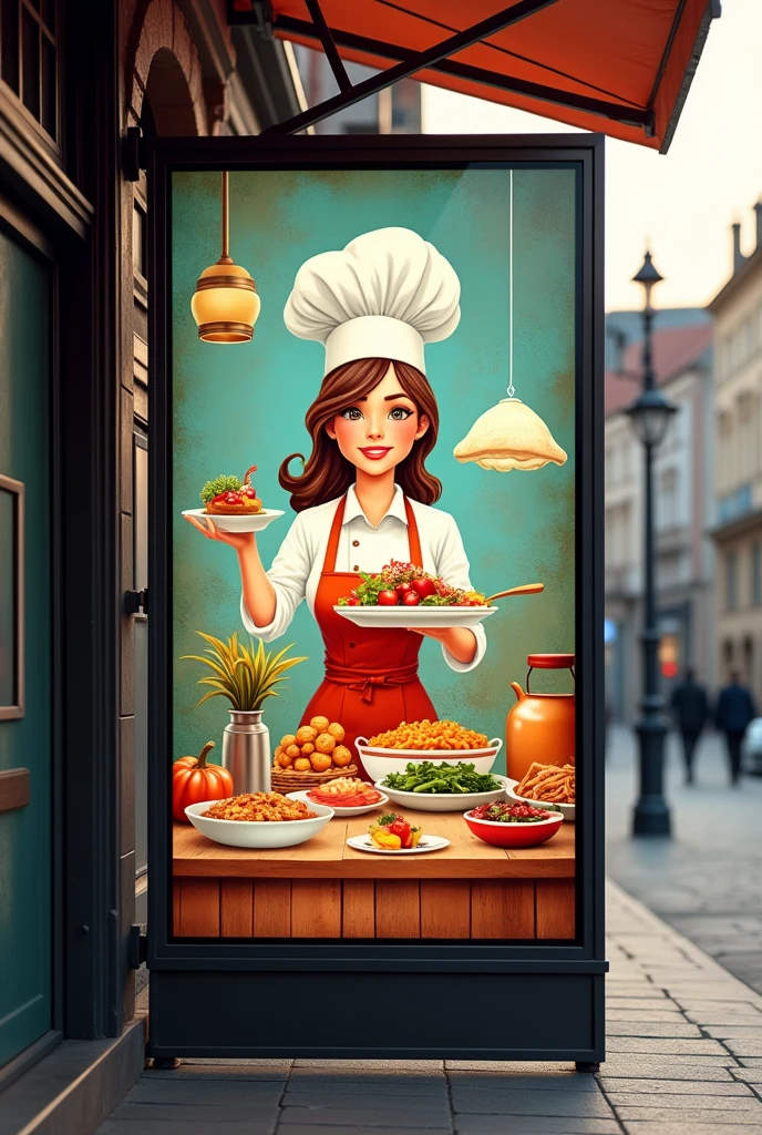 I need to create a large rectangular sign to place in my premises on the road, I need you to say cooking blessed morsel that contains a female chef, with some food and kitchen items, I don&#39;t want it to be with a lot of animations and to have a striking color 