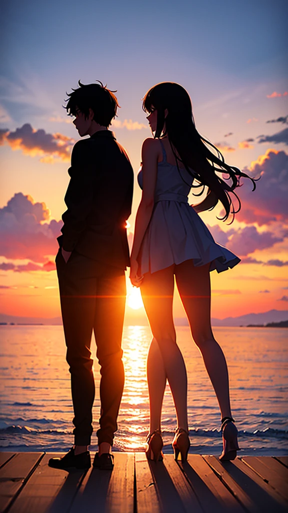 Full body silhouette of a young couple watching a big sunset on a pier. Detailed anime touch