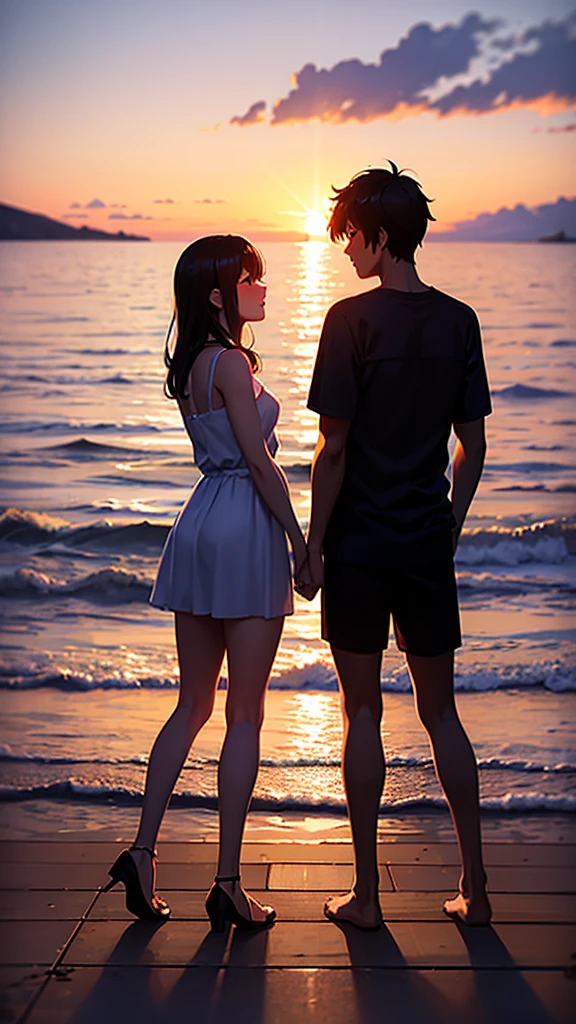 Full body silhouette of a young couple watching a big sunset on a pier. Detailed anime touch