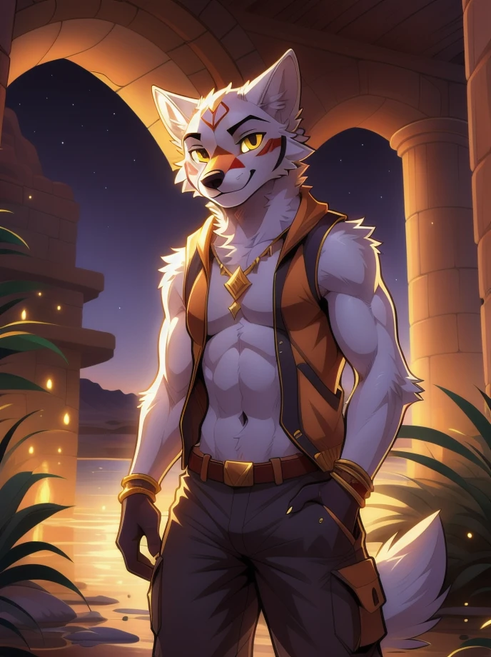 Cartoon character,high quality illustration,furry masculino kemono,body color white, details on the red face,yellow eye color, white wolf ears,red color at the tips of the ears,black cowboy hat,brown sleeveless jacket with gold details,wearing no shirt,gray hand hair color, exploration pants,illuminated place,giorno,Oasis.