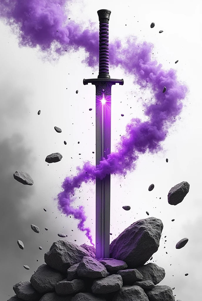 Creates a gravity katana with stones with purple auras around the blade showing the sword as if it were a 360 view of the katana ( creates the image as if it were a black and white anime manga page, and place the stones around the blade , the flying stones)