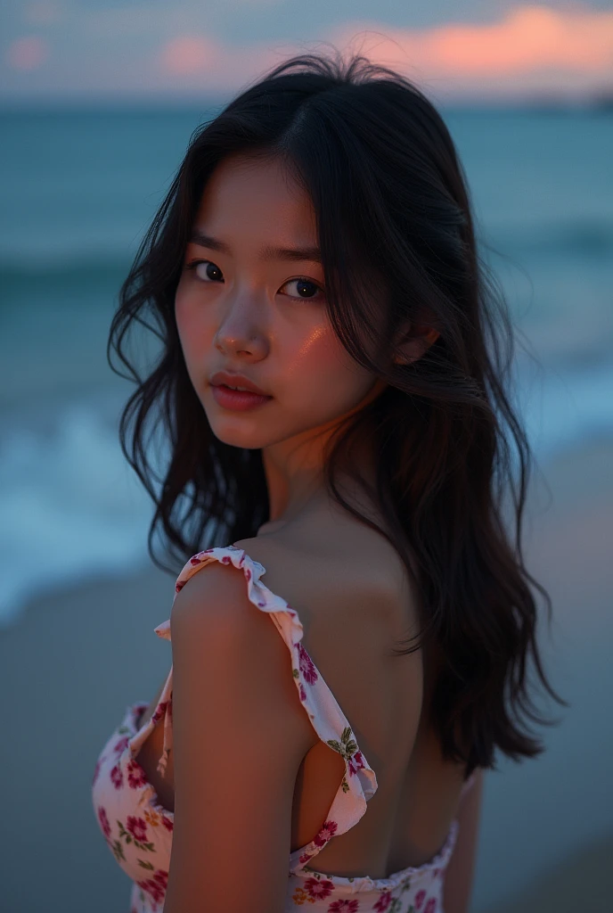 Japanese,Age 22,beautiful girl,Randomly generated people with diverse facial features and hairstyles,Perfect Anatomy,Ocean,Beach,firework,Night Sky,Launch firework, Ocean,sweet girl,Photoshoot,magazine photography