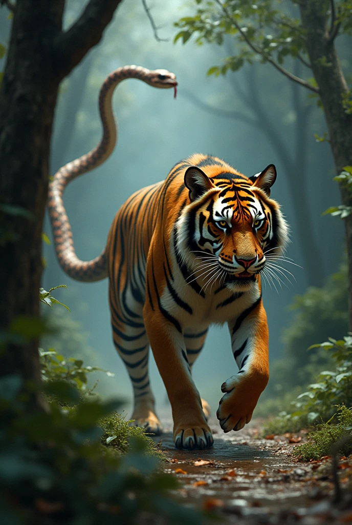 sick and malnourished skinny tiger running away from a snake