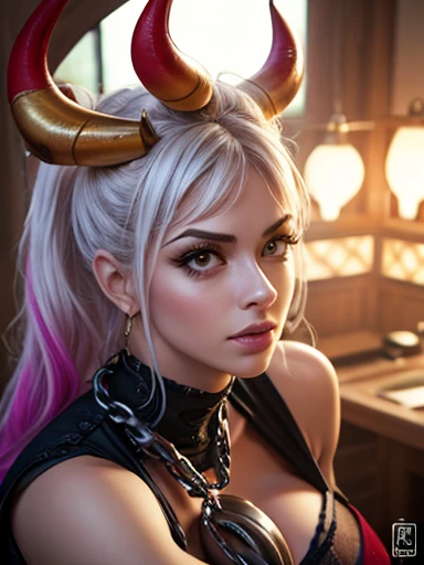 text, Highest quality, masterpiece, 4K, Absurd resolution, Ultra-high resolution, 8k, Actual, Realistic, Bright colors, Bokeh, Vibrant color palette, Great studio lighting, Very detailed, Detailed eyes, Detailed skin, Detailed Hair, Detailed face, Detailed fabric, BREAK, Yamato(one piece), sexy Pose, Perfect body skinny, Fine and beautiful eyes, Beautiful Lips, Highly detailed face, Long eyelashes, sexy, horn(Wrapping , , multicolo Red), large breasts , Cleavage, Slim waist,, Confused expression, torn old clothes, Hands in chains, Very detailed, Bright colors, ,The clothes are see-through , full-body, dynamic angle