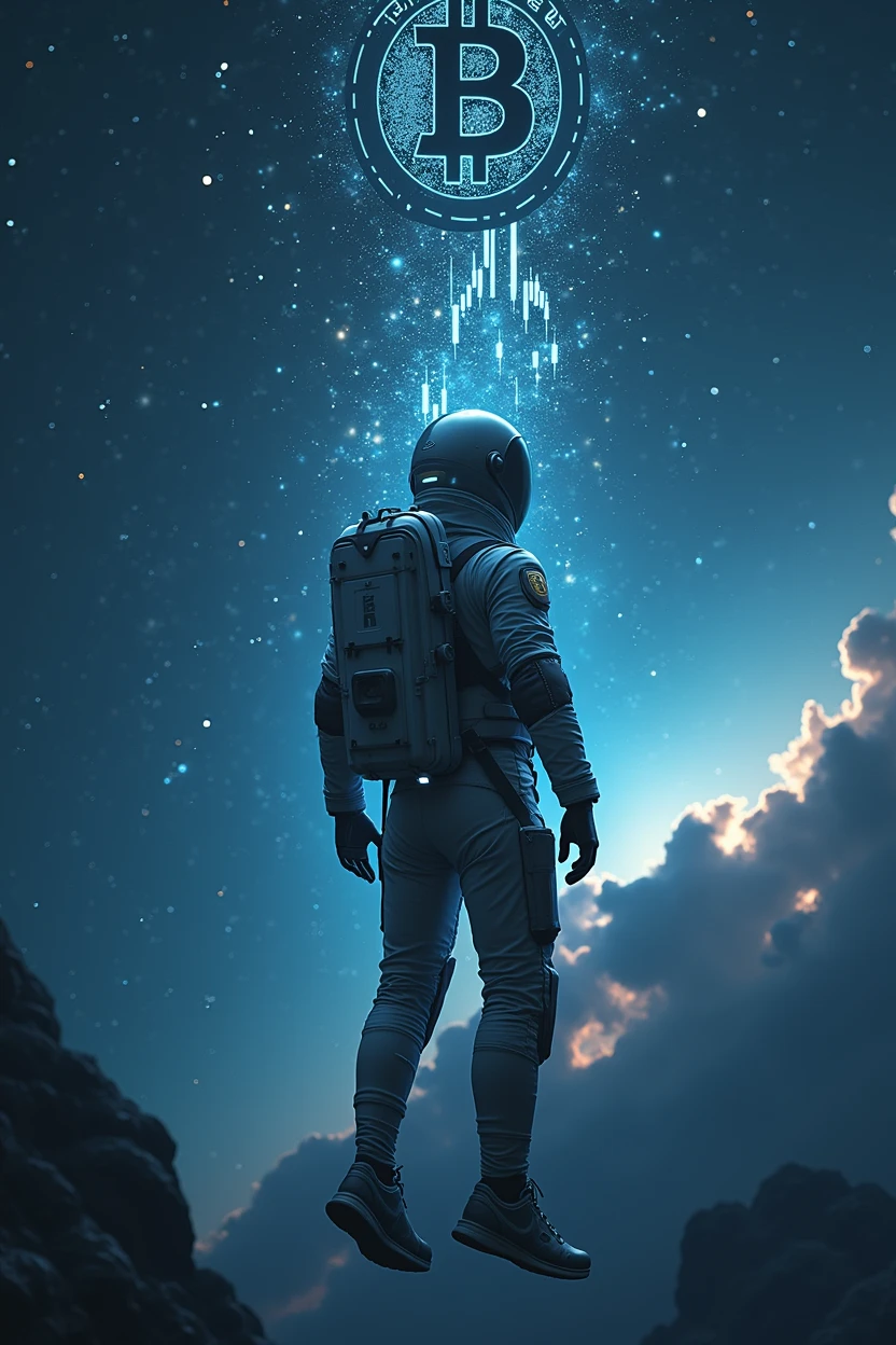Spaceman,float,Cyberpunk style,Spaceman看K線,Bitcoin,Background of the vast universe,背景有Bitcoin,Data K line,BTC