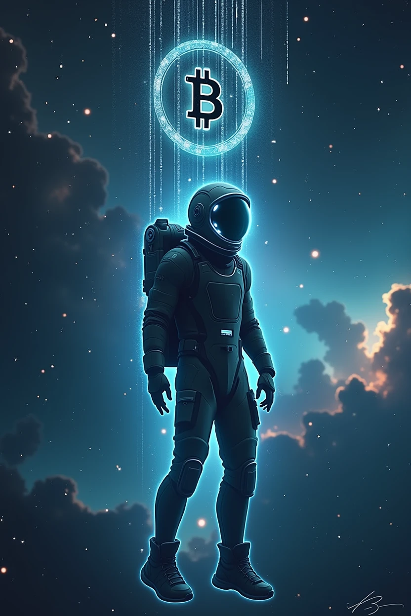Spaceman,float,Cyberpunk style,Spaceman看K線,Bitcoin,Background of the vast universe,背景有Bitcoin,Data K line,BTC