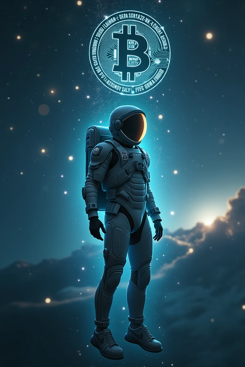Spaceman,float,Cyberpunk style,Spaceman看K線,Bitcoin,Background of the vast universe,背景有Bitcoin,Data K line,BTC