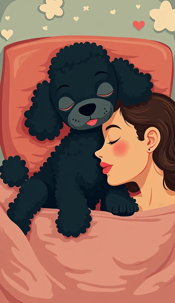 Illustration of a black toy poodle and a woman sleeping together