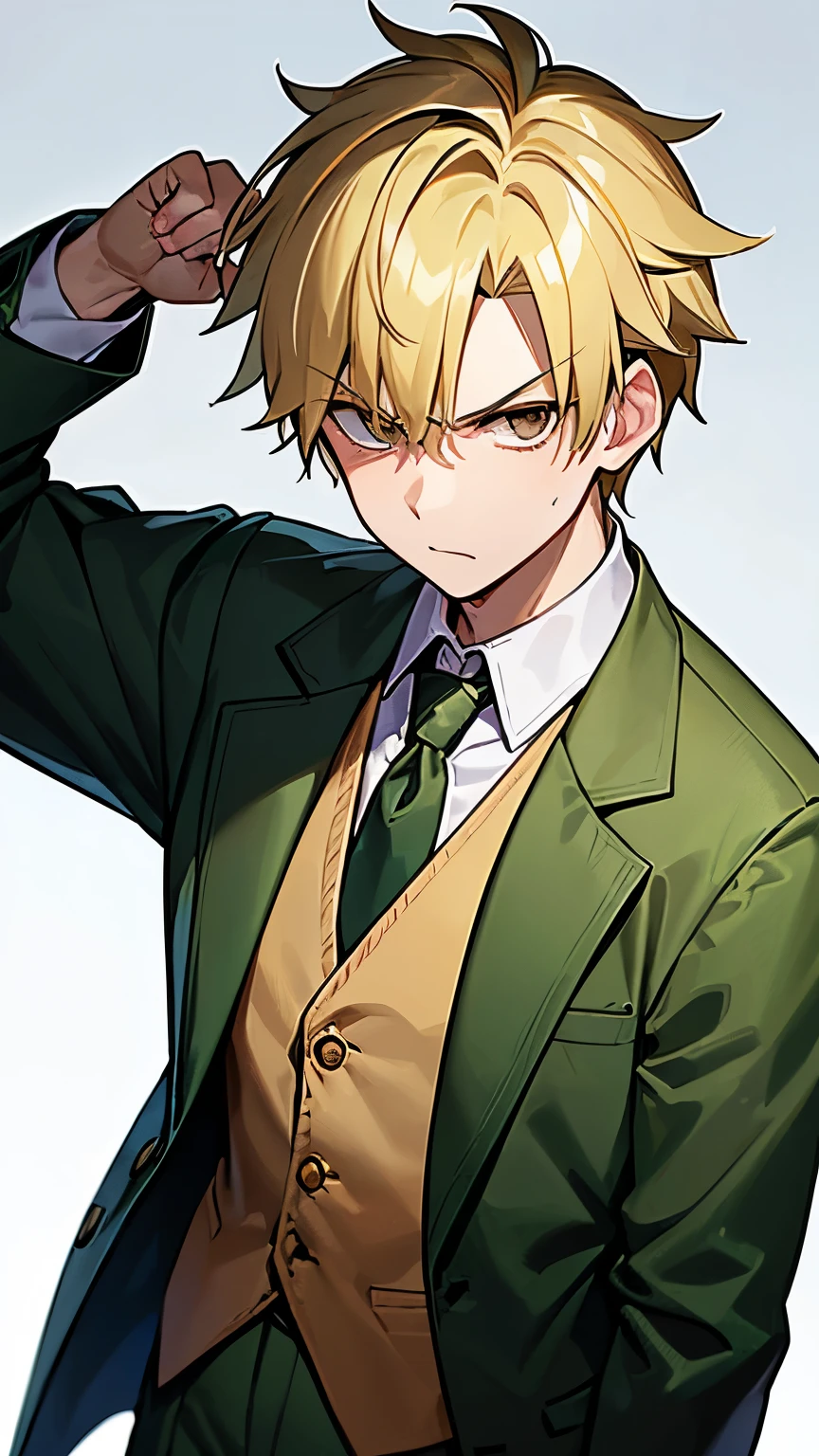 1boy, light blonde hair, green vest, big size, formal, villain, angry, brown eyes, tie, punch