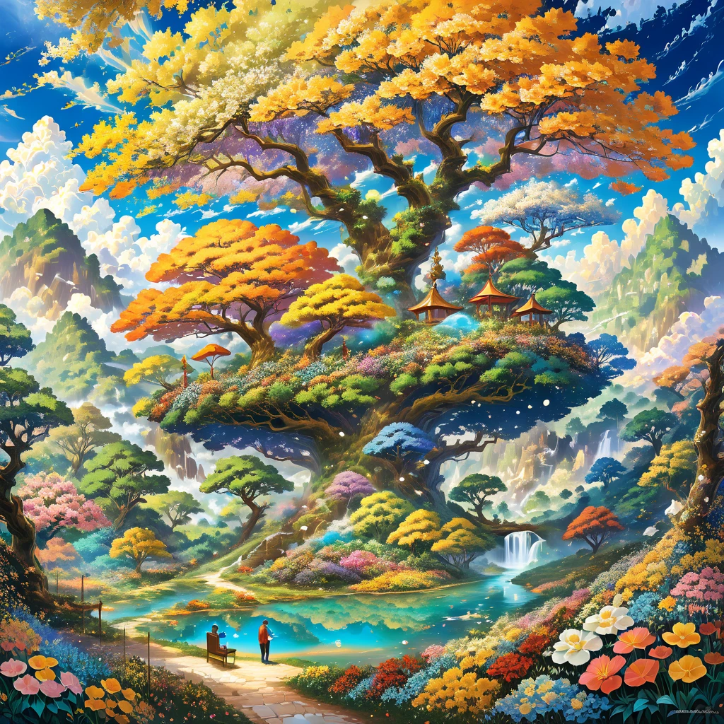 A man in a deep of thought bubble of very creative stuff of many different ideas. Clouding view of rare fantastic places surrounded by a tree of forest, gold, silver, animal and different types of flowers.
