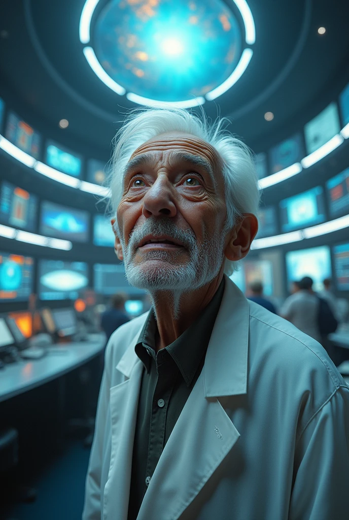An old man with short white hair and dressed as a scientist, With a look of surprise (1.2), and a large observatory,There are many large screens in the background