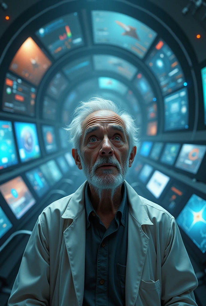 An old man with short white hair and dressed as a scientist, With a look of surprise (1.2), and a large observatory,There are many large screens in the background