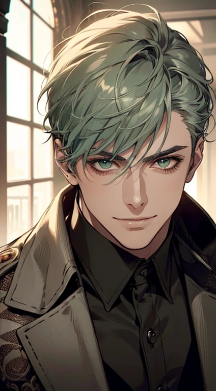 ((a mature man, very handsome, smile in love, short grey green hair, green eyes, perfect face without errors)), ((buttoning the jacket, CEO)), (best quality, masterpiece, 8K, photorealistic, cinematic lighting, hdr image, ultra detailed, beautiful image), (portrait, detailed facial features, intricate textures, realistic skin tones, highly detailed, ultra-realistic), (warm lighting, soft shadows, dramatic lighting), (muted color palette, rich tones), (professional photography, high resolution, studio lighting)