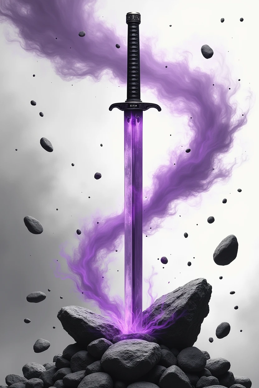 Creates a gravity katana with stones with purple auras around the blade showing the sword as if it were a 360 view of the katana ( creates the image as if it were a black and white anime manga page, and place the stones around the blade , the flying stones)