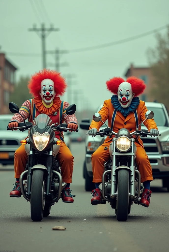 create photo of two clowns, one of them riding a BMW 1200 motorcycle and the other driving a Dodge Ram pickup truck