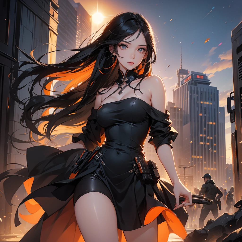 a beautiful woman with long black hair, wearing a tight orange dress, standing holding a pistol, aiming the barrel at the bad guys, on a tall building, the sun is setting.