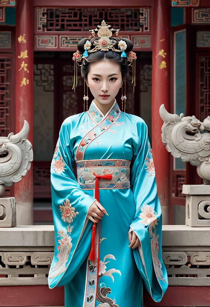 Stone letter M (pornographic pose) outside a Chinese palace during the Qing Dynasty A gorgeous Chinese courtesan with her hair tied on both sides A perverted and erotic woman wearing a crown and tying her hair is the backdrop for a gorgeous room of an empress in a Chinese court during the Qing Dynasty.