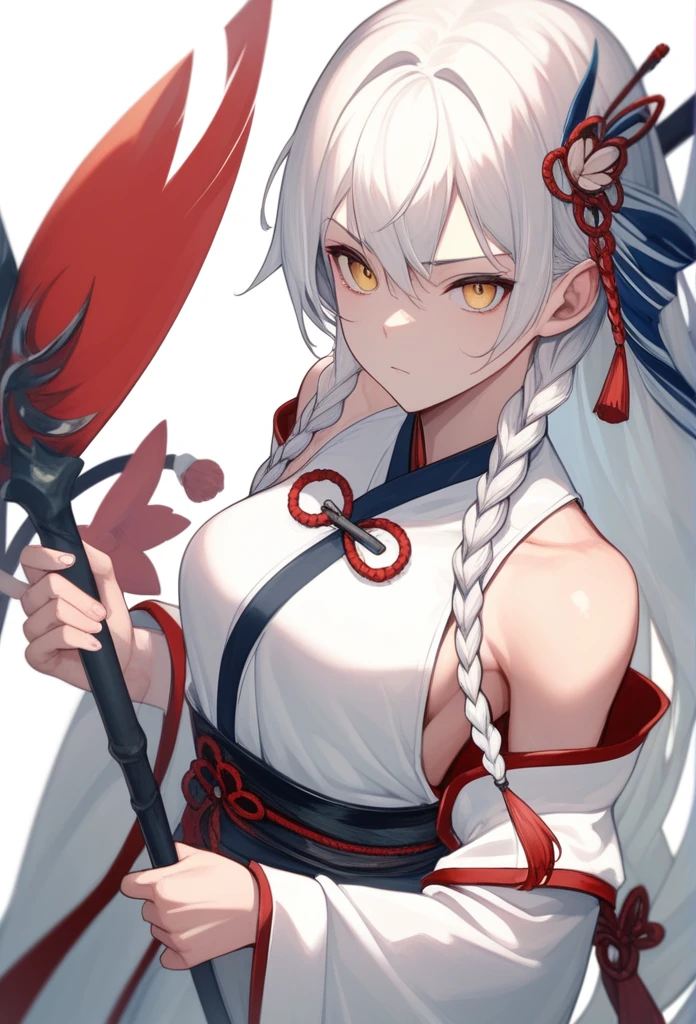 White-haired girl、two long braids、wearing white dress、wearing japanese-style clothing、yellow eyes、 - Very detailed、masterpiece, Highest quality, serious facial expression、one hand making holding spear、(Detailed fingers), (Emotional), (Breathtakingly beautiful), (main part:1.2 Whole body), (Anime Style), (Very detailed), (超High resolution, High resolution), (8k), (Complex and beautiful: 1.2)